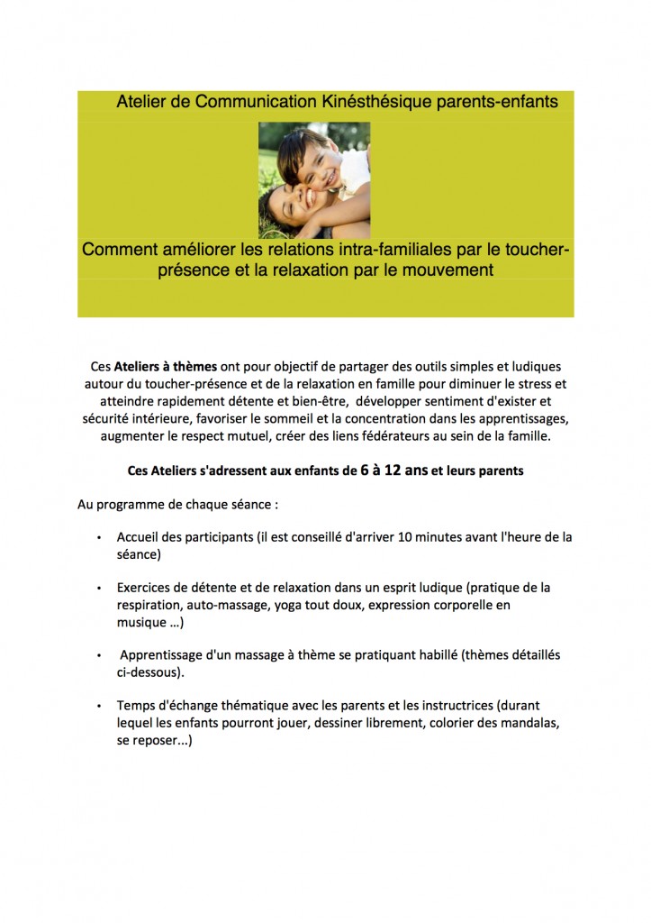 Ateliers Kinestésie parent enfant Recto